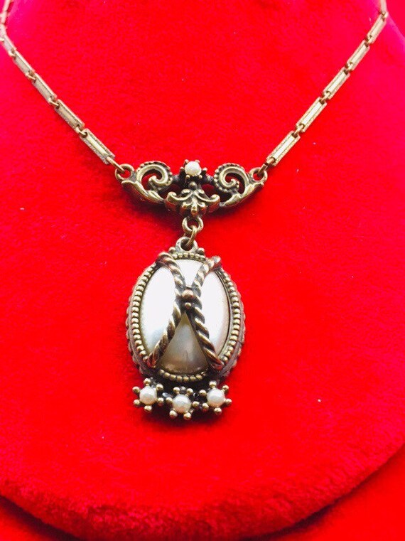 Egyptian Revival Lavalier Necklace - faux pearl Ca