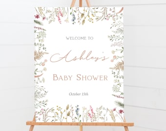 Welkomstbordje wilde bloemen babyshower: lentebloemen (bewerkbare sjabloon)