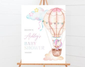Welkomstbord babyshower eenhoorn: aquarelballon (digitale bewerkbare sjabloon)