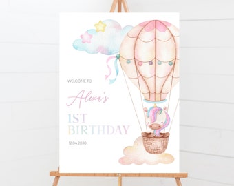 Welkomstbordje Eenhoorn 1e verjaardag: aquarel meisjesfeestje (digitale print)