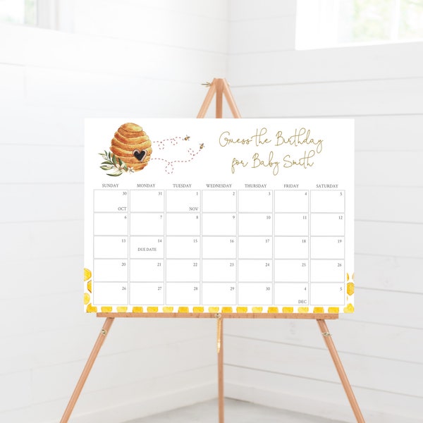 Bee Baby DUE DATE Calendar, Bee Hives Babee Shower, Printable Game, Guess Baby Birthday, Editable Template Corjl, BH2