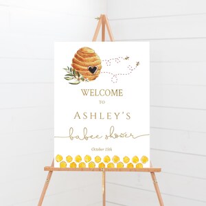 Signe de bienvenue de douche de bébé d&#39;abeille, affiche de bienvenue de douche de Bee Hives Babee, modèle modifiable Corjl, BH2
