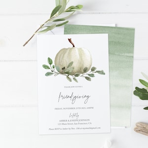 May include: A white pumpkin with green leaves on a white background. The text on the invitation reads "Please join us for a friendsgiving Friday, November 25th 2025, 4:00PM hosted by Amber & Joseph Johnson 123 Main Street, San Francisco, CA Please RSVP to Amber by Nov. 15th at myemail@gmail.com"