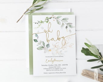 May include: A green and gold baby shower invitation with a floral wreath and the text "Oh Baby" in gold script. The invitation includes the date, time, and location of the shower, as well as the name of the guest of honor, Emily Pearce.