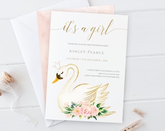 Schwan-Babyparty-Einladung: Blumenprinzessin-Thema (bearbeitbare Vorlage)