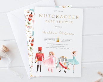 May include: A Nutcracker themed baby shower invitation with a watercolour illustration of the Nutcracker, a ballerina, and a mouse king. The invitation is white with gold lettering and includes the text "Join us for a Nutcracker Baby Shower Honoring Heather Wilson December 12 at 2:00PM 10 Main Street, Los Angeles, CA 90005 RSVP to 555-555-5555 Ashley is registered at Pottery Barn Kids".