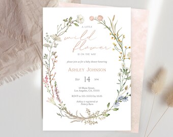 Uitnodiging babyshower wilde bloemen: aquarel bloemen, bewerkbare sjabloon (digitale download)
