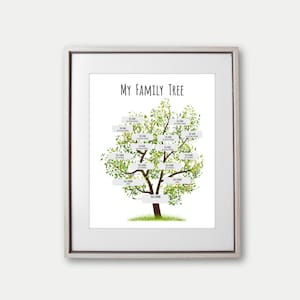 May include: Framed print featuring a family tree illustration. The artwork depicts a tree with green leaves and spaces for names, with the text "MY FAMILY TREE" at the top. The frame is a light gray color.
