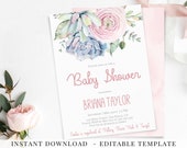 Succulents Baby Shower Invitation, Printable Baby Shower Invite, Succulents Blush Flowers, Template Editable