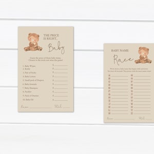 May include: Two printable baby shower game cards with a brown bear illustration. The first card is a price is right game with a list of baby items and a space to write down the price. The second card is a baby name race game with a list of letters and a space to write down baby names.