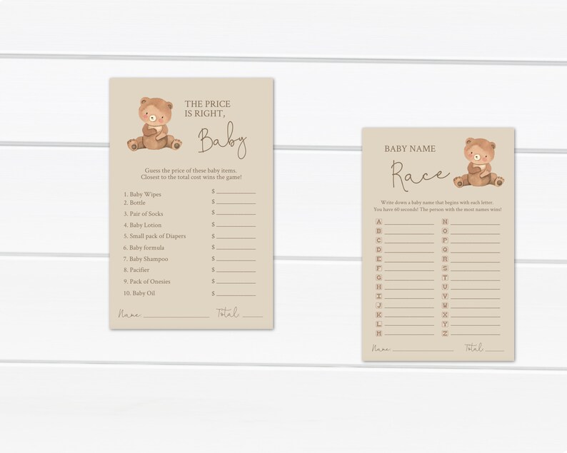 May include: Two printable baby shower game cards with a brown bear illustration. The first card is a price is right game with a list of baby items and a space to write down the price. The second card is a baby name race game with a list of letters and a space to write down baby names.