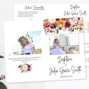 May include: A baptism announcement with a floral design in shades of pink, red, and orange. The announcement includes the name "Juha Grace Smith" and the date "September 24th".