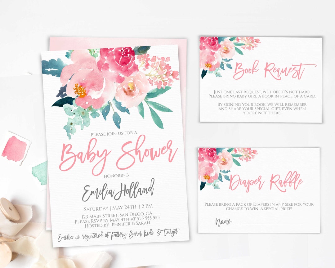 Pink Baby Shower Invitation Kit, Girl Baby Shower Printable, Ponies Blush Pink, Mint Floral ...