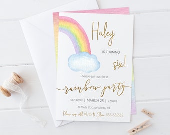 Verjaardagsuitnodiging aquarel regenboog: bewerkbare feestsjabloon (digitale download)