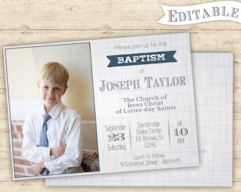 May include: A blue and white baptism invitation with a photo of a young boy in a white shirt and blue tie. The invitation includes the text "Please join us for the Baptism of Joseph Taylor" and details about the event, including the date, time, and location.