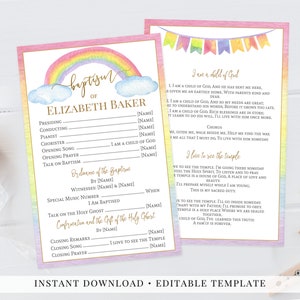 Peut inclure: Modèle de cérémonie de baptême imprimable avec un design arc-en-ciel et nuages. Le modèle comprend une liste des rôles et responsabilités de la cérémonie, ainsi qu'un espace pour la personnalisation. Le texte "Baptême d'Elizabeth Baker" est inclus dans le design.