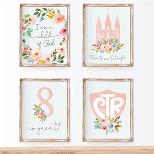 LDS Digital Print, Set of 4: I am a child of God, Temple, 8 is great, CTR, Pink Blue Yellow Floral, Printable, Girl Wall Decor, BPB26
