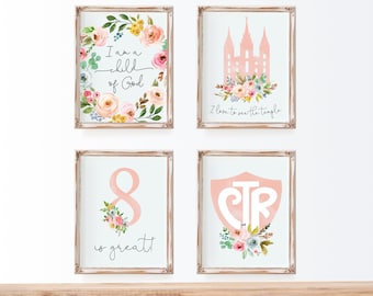 LDS Digital Print, Set of 4: I am a child of God, Temple, 8 is great, CTR, Pink Blue Yellow Floral, Printable, Girl Wall Decor, BPB26