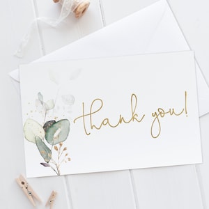 Bedankkaart, opvouwbare Bedankkaart, Bedankkaart, Bedankkaart afdrukbaar, Groen Eucalyptus Gebladerte, Bladeren Groen Goud, EG12