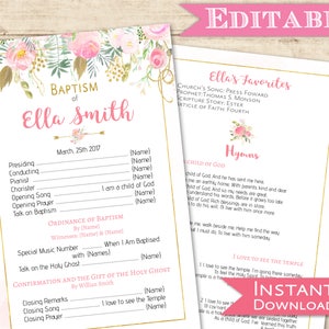 May include: A printable baptism programme with a pink floral design. The programme includes a list of hymns, a section for the officiant's name, and a section for the child's name. The programme also includes a section for the date of the baptism.
