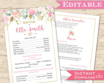 LDS Baptism Program Girl, Program Printable, Editable Template, Floral Gold Pink, LDS Baptism Program