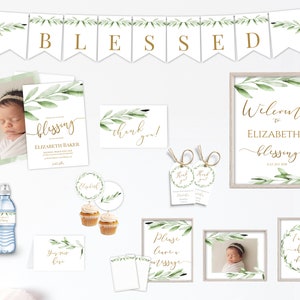 Olive Greenery Blessing Invitation Bundle, LDS Baby Blessing Decor Printable Kit Set, Editable Template, Olive Foliage Leaves, GOG8