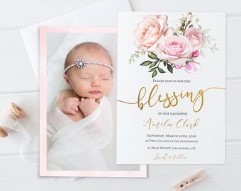 Inbjudan med blommig babyvälsignelse: Blushrosa, redigerbar mall (digital nedladdning)