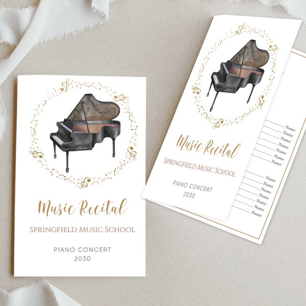 Music Recital Program Editable Template Grand Piano watercolor Music Concert Program Foldable Printable Music School