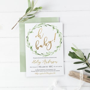 Greenery Oh Baby Shower Invitation Set Printable, Book Request, Baby ...