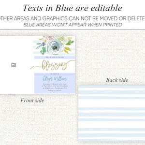 May include: A blue and white striped card with a watercolor floral design and the text "Please join us for the blessing of our son Oliver Williams Saturday, March 29th, 2022 at Two o'clock in the afternoon 12 Main Street, California, CA Lunch to follow"
