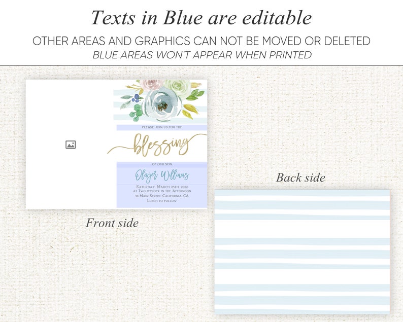 May include: A blue and white striped card with a watercolor floral design and the text "Please join us for the blessing of our son Oliver Williams Saturday, March 29th, 2022 at Two o'clock in the afternoon 12 Main Street, California, CA Lunch to follow"