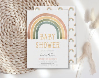 Watercolor Rainbow Baby Shower Invitation: Neutral Boho Theme (Editable Template)