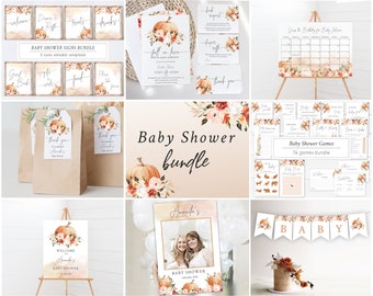 Paquete de baby shower de calabaza imprimible, decoración de baby shower de otoño, invitación, kit de baby shower, conjunto de plantilla editable de baby shower de otoño FR12
