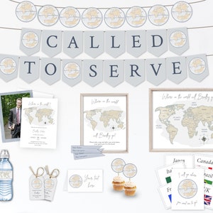 Puede incluir: Un conjunto de decoraciones para fiestas con temática de viajes. Las decoraciones incluyen una pancarta que dice "Called to Serve", un mapa del mundo con alfileres, botellas de agua con etiquetas de mapas del mundo y adornos para cupcakes con mapas del mundo. Las decoraciones son en tonos azules, grises y beige.