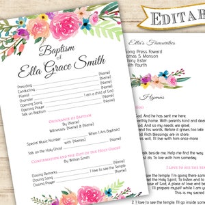 Baptism Program Girl Printable, LDS baptism program, Floral Watercolour Pink, Editable Template