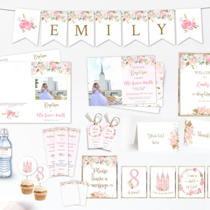 May include: A collection of baptism party supplies featuring floral designs and the name "Emily." Includes invitations, banners, water bottle labels, cupcake toppers, and signage. The color scheme is soft pink, gold, and white.