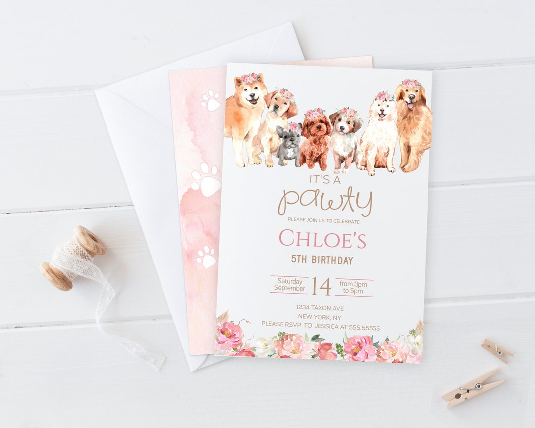Dog Puppy Invitation Birthday Girl Printable Pawty Invite Editable ...