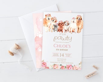 Dog Puppy Invitation Birthday Girl Printable Pawty invite Editable Template Floral Pink DF1