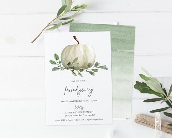 Friendsgiving Invitation, Printable Editable Template Corjl, Friendsgiving Invite, Olive Greenery Foliage, Minimalist Leaves, OLM2