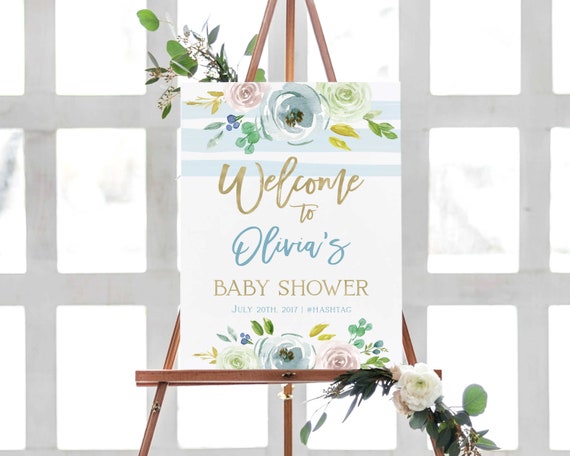 Boy Baby Shower Welcome Sign Printable Floral Blue Watercolor Boy Baby Shower Welcome Sign Printable Floral Blue Watercolor