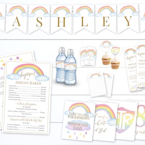 Rainbow Baptism Program Bundle Kit, Printable Baptism Program, Rainbow Watercolor, Editable Template, banner, water bottle, posters
