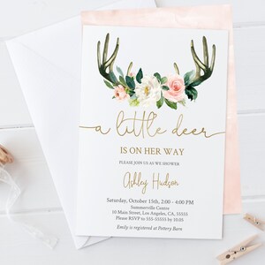 Woodland Baby Shower Invitation, Printable, Baby Shower Girl, Editable Template Corjl, Deer Antlers Horn, Dusty Blush Gold Floral, D04