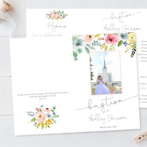 May include: A baptism programme with a floral design and a photo of a girl in a white dress. The programme includes hymns, scripture, and the name of the person being baptised: Ashley Garson. The date of the baptism is March 25th, 2025.