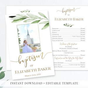 LDS Baptism Program Printable, with photo, Girl baptism Program, Greenery Olive Leaves, Gold Calligraphy, Editable Template Corjl, GOG8