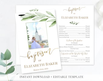 LDS Baptism Program Printable: Greenery, Gold Calligraphy (Editable Template)