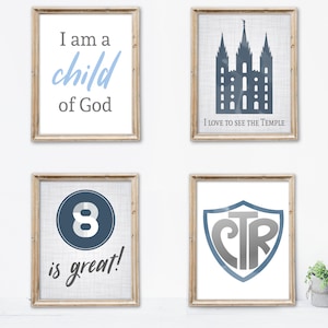 LDS Digital Print Boy, Set of 4: I am a child of God, Temple, 8 is great, CTR, Blue Navy & Grey, Printable, Boy Wall Decor LDS