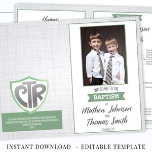 LDS Baptism Program Printable, for 2 Boys with Picture, Editable Template, Green Grey Foldable Program