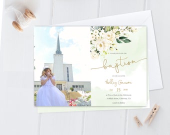 Uitnodiging voor doop voor meisjes: witte bloemen LDS-sjabloon (afdrukbaar)