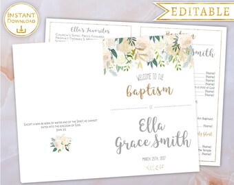 LDS Baptism Program Girl, Printable Baptism Program, Floral Gold White Watercolor, Editable Template