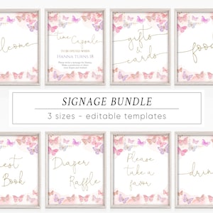 Schmetterling Baby Shower Zeichen Bundle druckbare Schmetterlinge Baby Shower Dekor Kleiner Schmetterling Pink Lila Gold Baby Shower Signage Set BP2